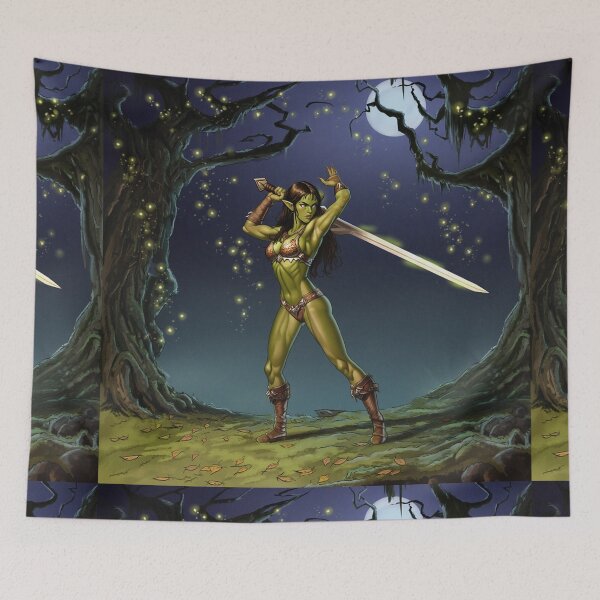 Item preview,  green skinned Orc Warrior woman with sword fantasy art illustration designed and sold by Vintage Designs +.