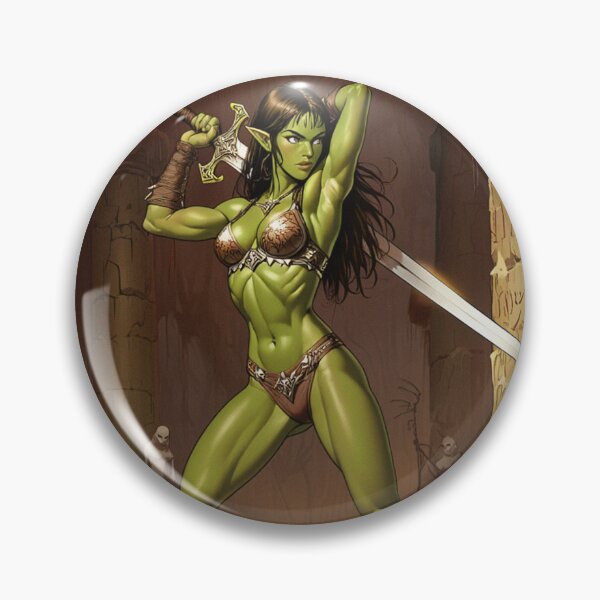 Item preview,  green skinned Orc Warrior woman with sword fantasy art illustration designed and sold by Vintage Designs +.