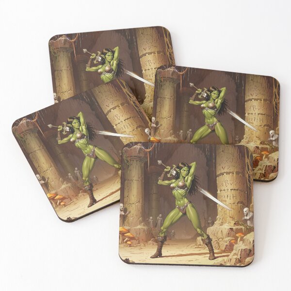 Item preview,  green skinned Orc Warrior woman with sword fantasy art illustration designed and sold by Vintage Designs +.