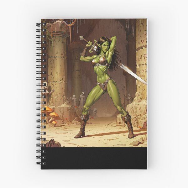 Item preview,  green skinned Orc Warrior woman with sword fantasy art illustration designed and sold by Vintage Designs +.
