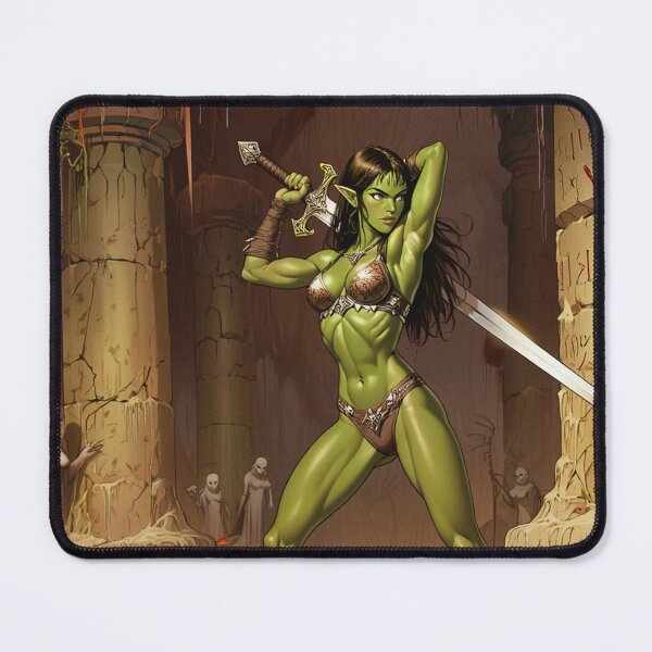 Item preview,  green skinned Orc Warrior woman with sword fantasy art illustration designed and sold by Vintage Designs +.