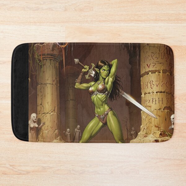 Item preview,  green skinned Orc Warrior woman with sword fantasy art illustration designed and sold by Vintage Designs +.