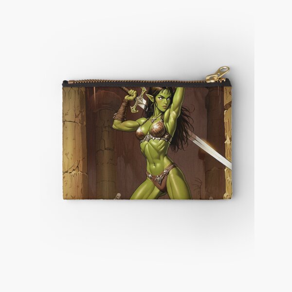 Item preview,  green skinned Orc Warrior woman with sword fantasy art illustration designed and sold by Vintage Designs +.