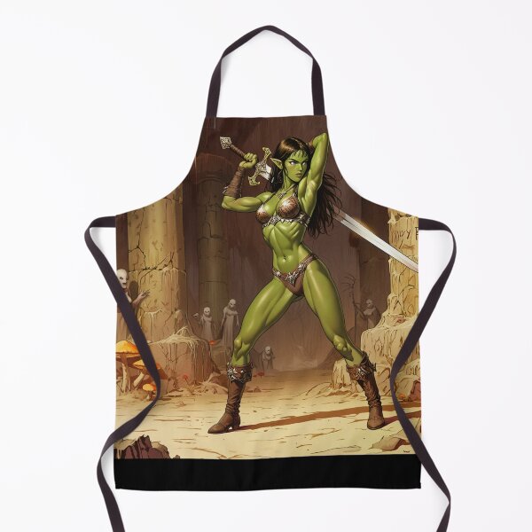 Item preview, green skinned Orc Warrior woman with sword fantasy art illustration designed and sold by Vintage Designs +.