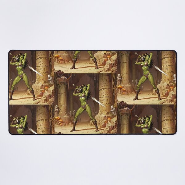 Item preview, green skinned Orc Warrior woman with sword fantasy art illustration designed and sold by Vintage Designs +.