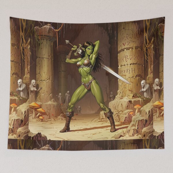Item preview,  green skinned Orc Warrior woman with sword fantasy art illustration designed and sold by Vintage Designs +.