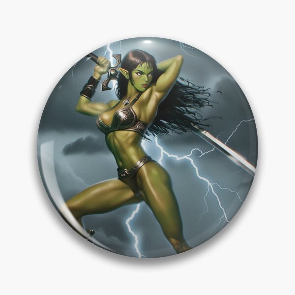 Item preview,  green skinned Orc Warrior woman with sword fantasy art illustration designed and sold by Vintage Designs +.