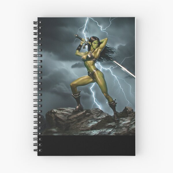 Item preview,  green skinned Orc Warrior woman with sword fantasy art illustration designed and sold by Vintage Designs +.