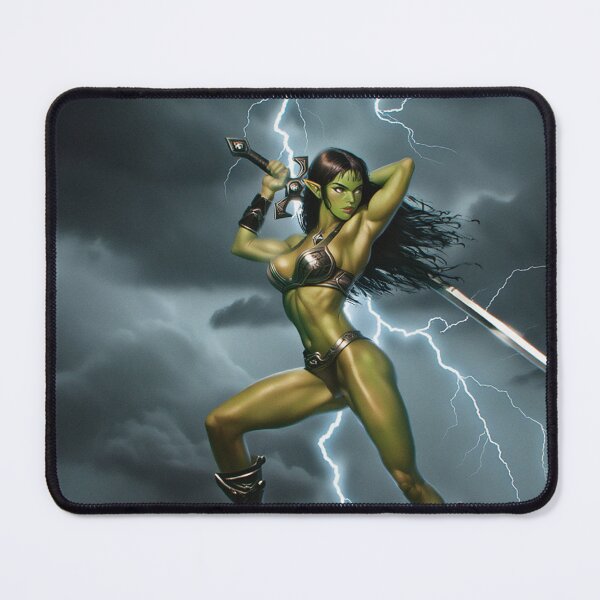 Item preview, green skinned Orc Warrior woman with sword fantasy art illustration designed and sold by Vintage Designs +.