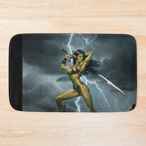 Item preview,  green skinned Orc Warrior woman with sword fantasy art illustration designed and sold by Vintage Designs +.