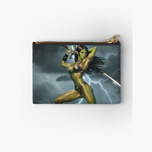 Item preview,  green skinned Orc Warrior woman with sword fantasy art illustration designed and sold by Vintage Designs +.