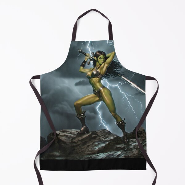 Item preview, green skinned Orc Warrior woman with sword fantasy art illustration designed and sold by Vintage Designs +.