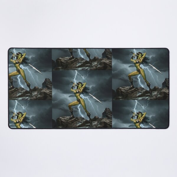 Item preview,  green skinned Orc Warrior woman with sword fantasy art illustration designed and sold by Vintage Designs +.