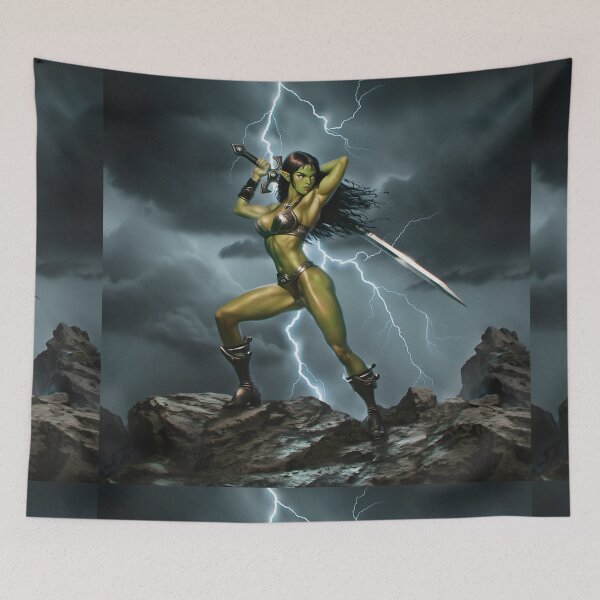 Item preview,  green skinned Orc Warrior woman with sword fantasy art illustration designed and sold by Vintage Designs +.