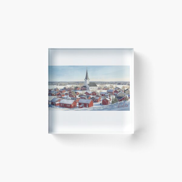 Item preview, Snowy Luleå village with white church in watercolor designed and sold by StormArte.