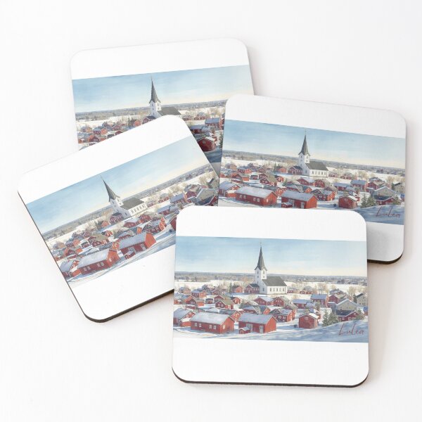 Item preview, Snowy Luleå village with white church in watercolor designed and sold by StormArte.