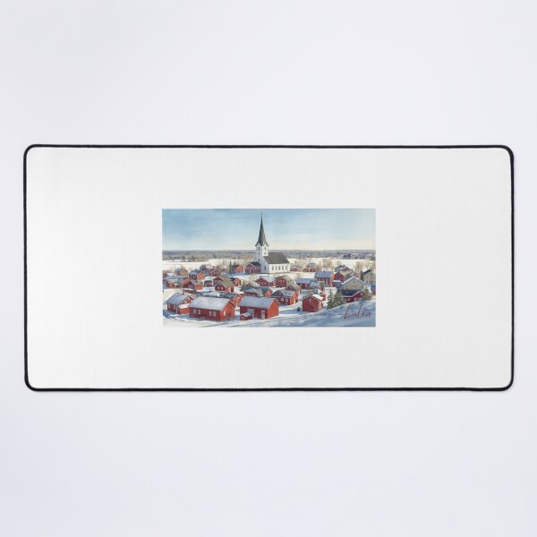 Item preview, Snowy Luleå village with white church in watercolor designed and sold by StormArte.