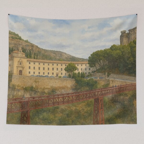 Item preview, Watercolor painting of the San Pablo Bridge and the Parador de Cuenca | Landscape of Cuenca, Spain designed and sold by Miradas del Mundo.