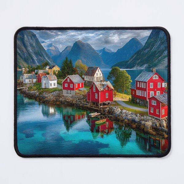 Item preview, Scenic Red Houses by Tranquil Mountain Lake designed and sold by Artessie.