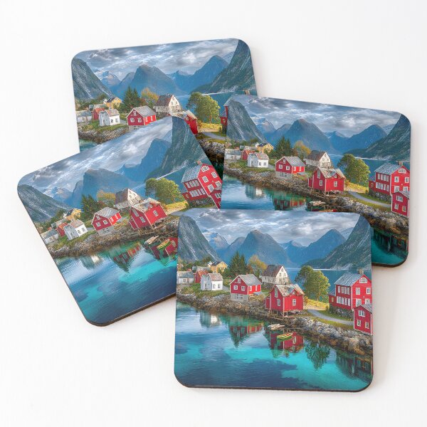 Item preview, Scenic Red Houses by Tranquil Mountain Lake designed and sold by Artessie.