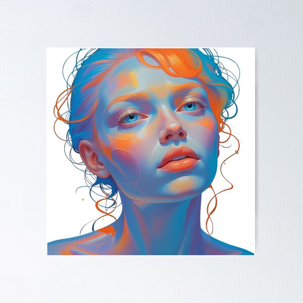 Item preview, Retrato futurista de mujer en azul y naranja – Arte digital con brillo radiante designed and sold by mikata-design.