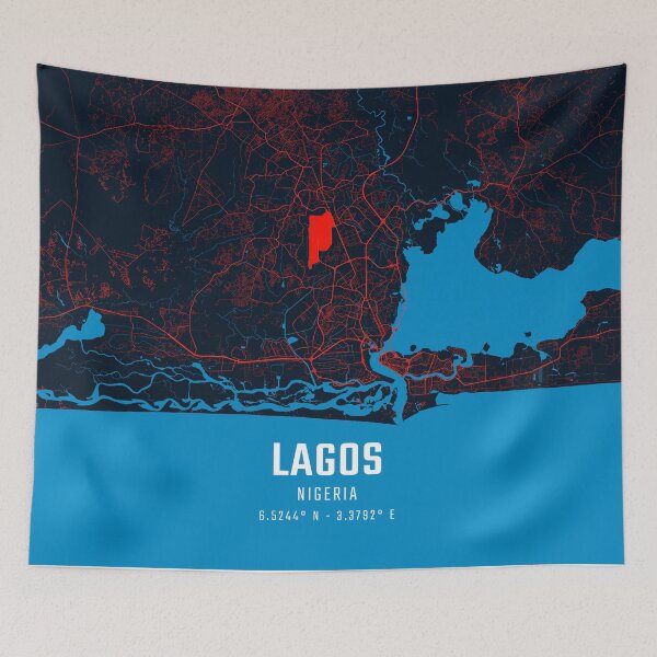 Item preview, Lagos Nigeria Red & Blue Minimalist Map designed and sold by HomeLivingCo.