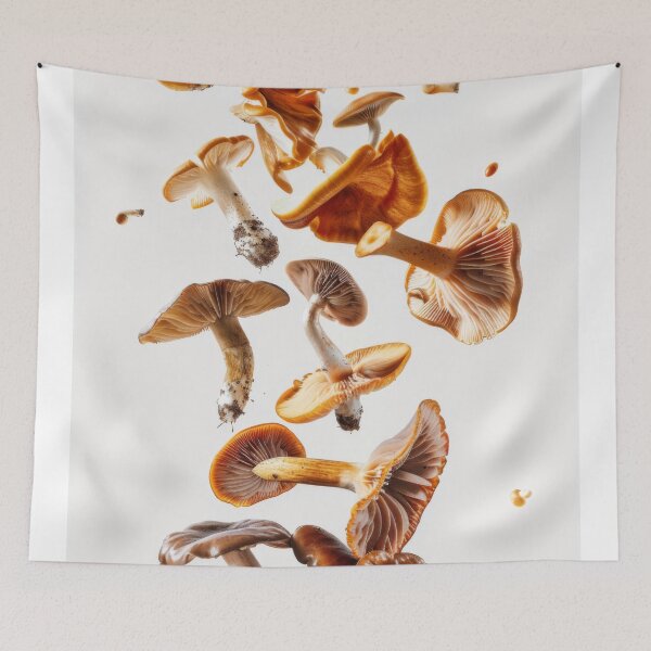 Item preview, Various mushrooms floating in mid-air on white background, AI Generated designed and sold by dvoevnore.
