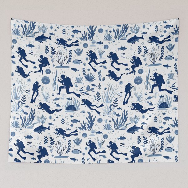 Item preview, Elegant Underwater Divers Pattern – Minimal Navy & White Ocean Design designed and sold by Windy-market.
