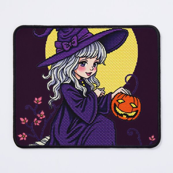 Item preview, Cross Stitch Art: Halloween Witch with Jack-o'-Lantern in Purple designed and sold by MiraLumeStudio.