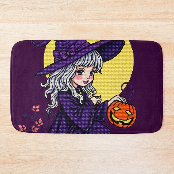Item preview, Cross Stitch Art: Halloween Witch with Jack-o'-Lantern in Purple designed and sold by MiraLumeStudio.