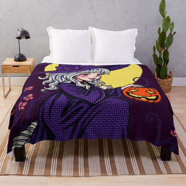 Item preview, Cross Stitch Art: Halloween Witch with Jack-o'-Lantern in Purple designed and sold by MiraLumeStudio.
