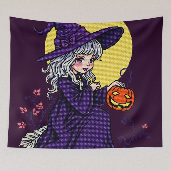 Item preview, Cross Stitch Art: Halloween Witch with Jack-o'-Lantern in Purple designed and sold by MiraLumeStudio.