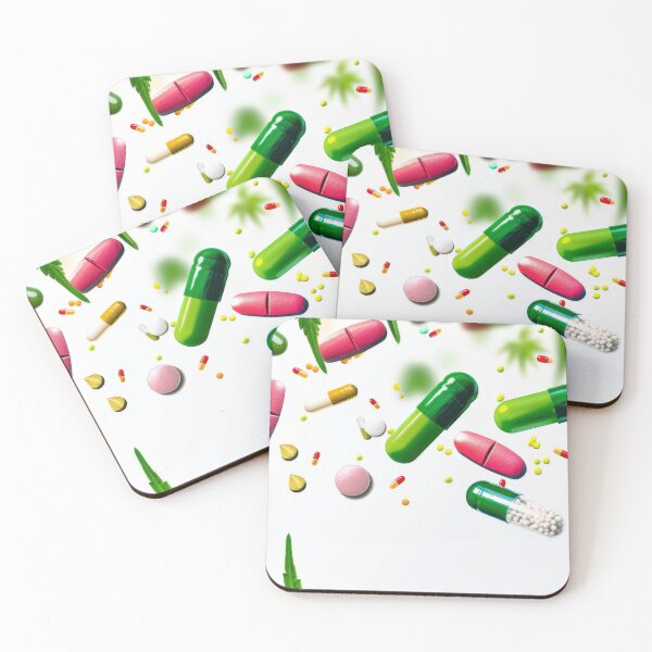 Item preview, Colorful pills and cannabis leaves scattered on white background, AI Generated designed and sold by dvoevnore.