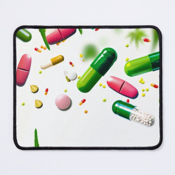 Item preview, Colorful pills and cannabis leaves scattered on white background, AI Generated designed and sold by dvoevnore.