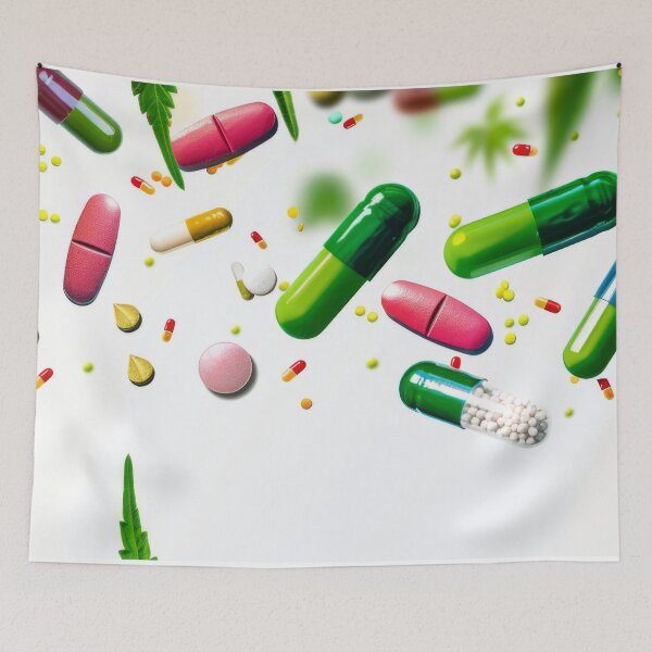 Item preview, Colorful pills and cannabis leaves scattered on white background, AI Generated designed and sold by dvoevnore.