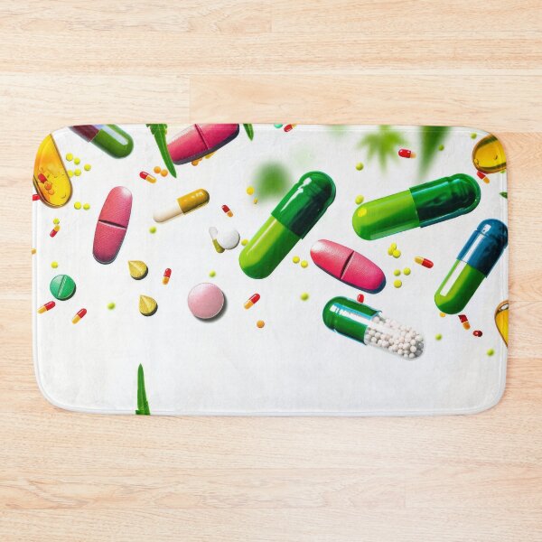 Item preview, Colorful pills and cannabis leaves scattered on white background, AI Generated designed and sold by dvoevnore.