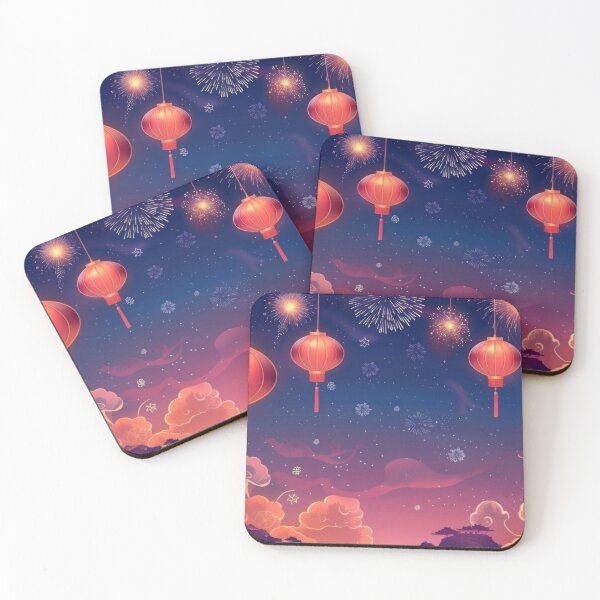 Item preview, Traditional Chinese lanterns against fireworks in night sky, background, AI generated designed and sold by dvoevnore.