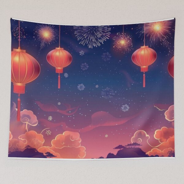 Item preview, Traditional Chinese lanterns against fireworks in night sky, background, AI generated designed and sold by dvoevnore.