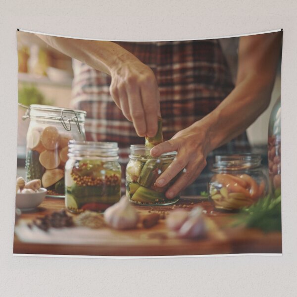 Item preview, Person preparing jars of homemade pickled vegetables in cozy kitchen, AI generated designed and sold by dvoevnore.