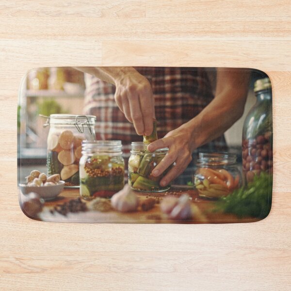 Item preview, Person preparing jars of homemade pickled vegetables in cozy kitchen, AI generated designed and sold by dvoevnore.