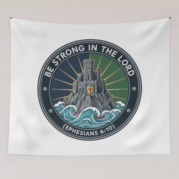 Item preview, Be Strong in the Lord Fortress on Rock Christian Bible Verse Design. designed and sold by loveandlightrb.