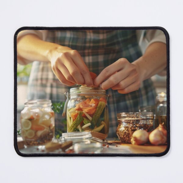 Item preview, Person preparing jars of homemade pickled vegetables in cozy kitchen, AI generated designed and sold by dvoevnore.