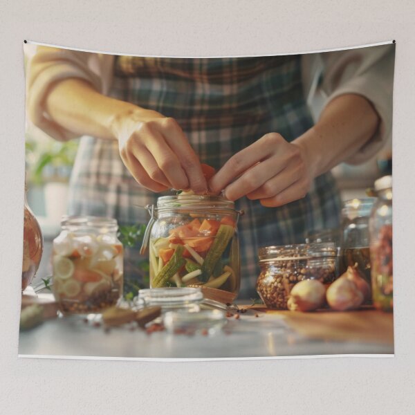 Item preview, Person preparing jars of homemade pickled vegetables in cozy kitchen, AI generated designed and sold by dvoevnore.
