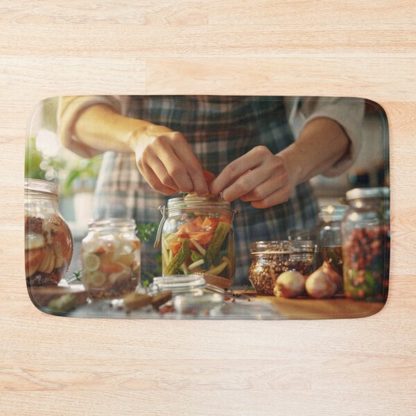 Item preview, Person preparing jars of homemade pickled vegetables in cozy kitchen, AI generated designed and sold by dvoevnore.