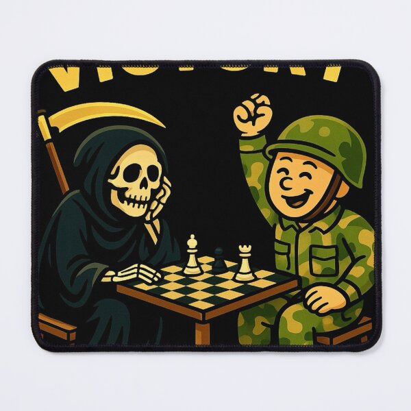 Item preview, Chess Victory – Soldier Beats Grim Reaper Funny Cartoon Print designed and sold by ForgeBogdan.