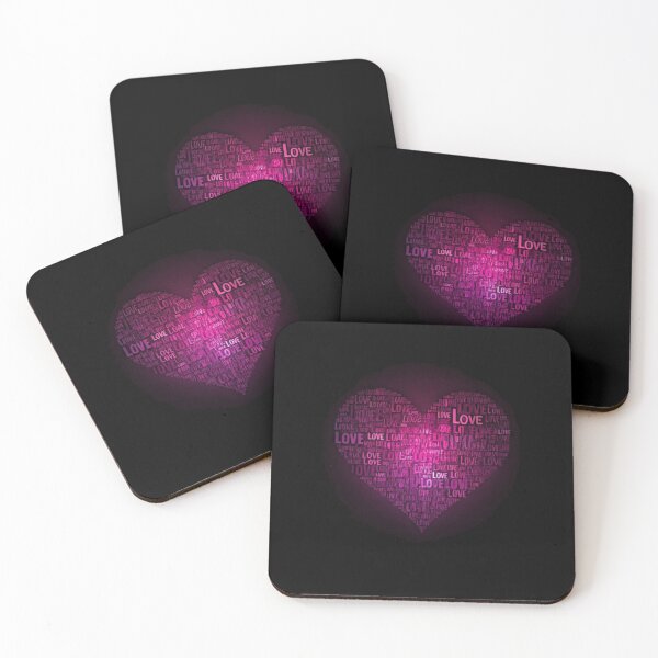 Item preview, English)  “LOVE Heart Typography Art – Pink and Purple Word Cloud Heart on Black Background designed and sold by PixelVibe782.