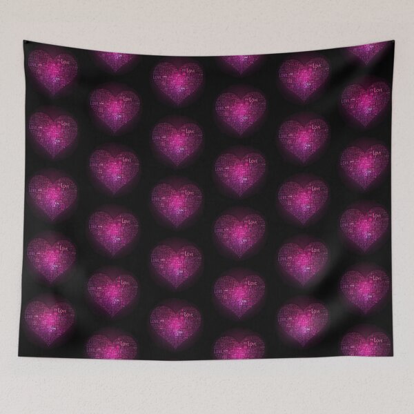 Item preview, English)  “LOVE Heart Typography Art – Pink and Purple Word Cloud Heart on Black Background designed and sold by PixelVibe782.