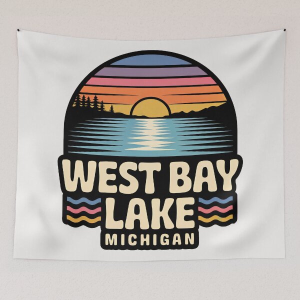 Item preview, West Bay Lake, Michigan Retro Sunset designed and sold by TheOldMittenIllustrated.