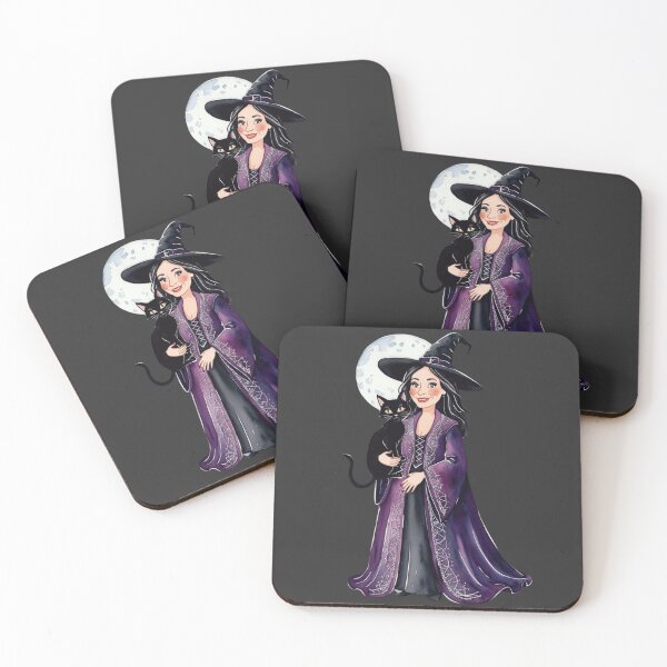 Item preview, Elegant Witch with Black Cat |Magical Halloween Moon Illustration designed and sold by ArtBySylvia.