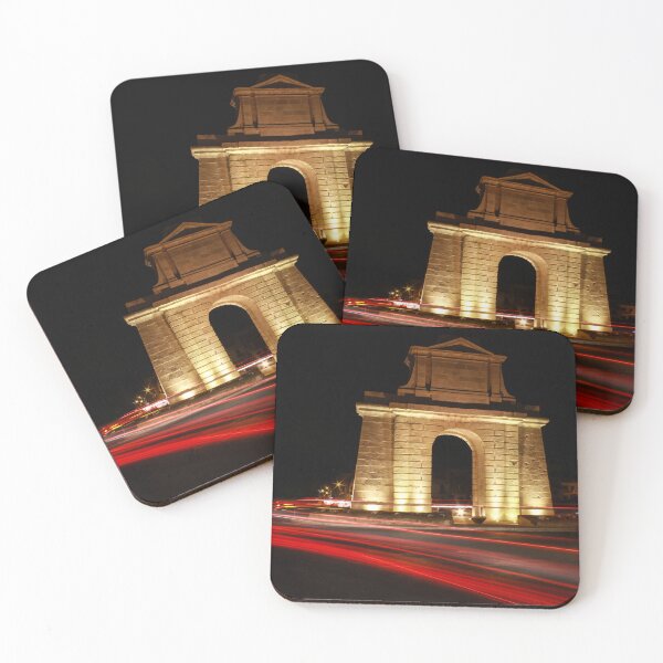 Item preview, Illuminated Stone Arch Monument At Night Surrounding Roundabout With Red Light Trails designed and sold by Nmallia.